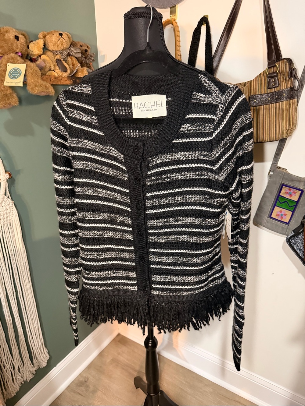 Rachel Roy Black & White Fringe Cardigan Sweater NWT XL Boho Open Knit